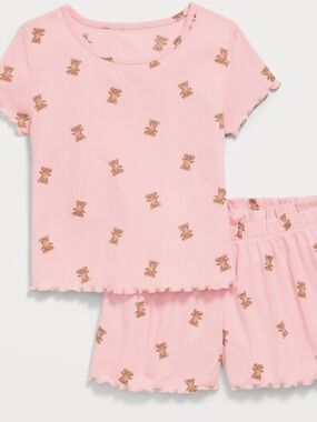 OLD NAVY Girls' Pink Teddy-Print Ribbed Pajama Set